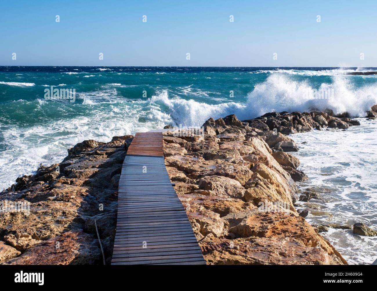 Boardwalk on a stormy day at the Green Bay Water Sports centre, Protaras, Cyprus Stock Photo