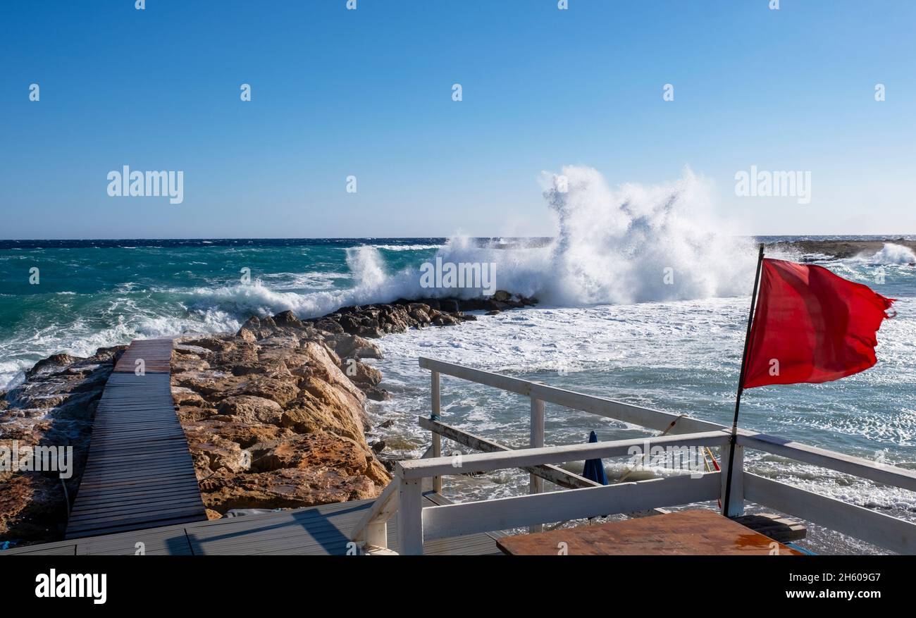 Red flag warning at the Green Bay Water Sports centre, Protaras, Cyprus
