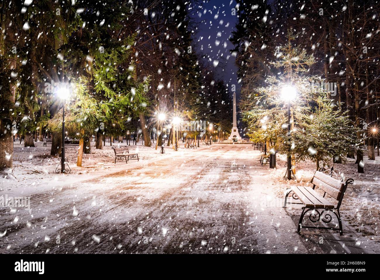Snowfall in a winter park at night with christmas decorations, lights ...