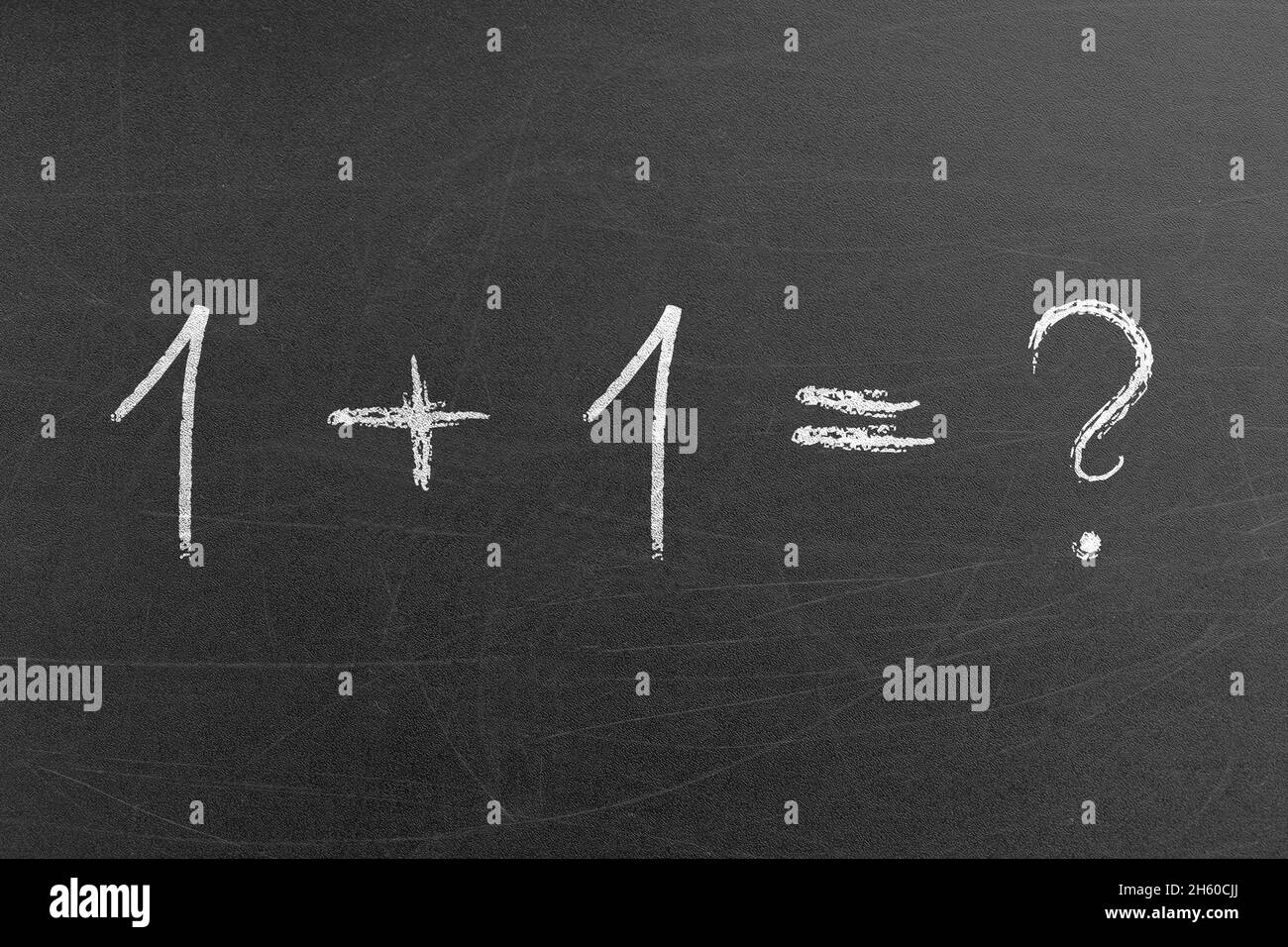 1 plus 1 math equation formula with a question mark on a chalkboard. School and education concepts and backgrounds Stock Photo