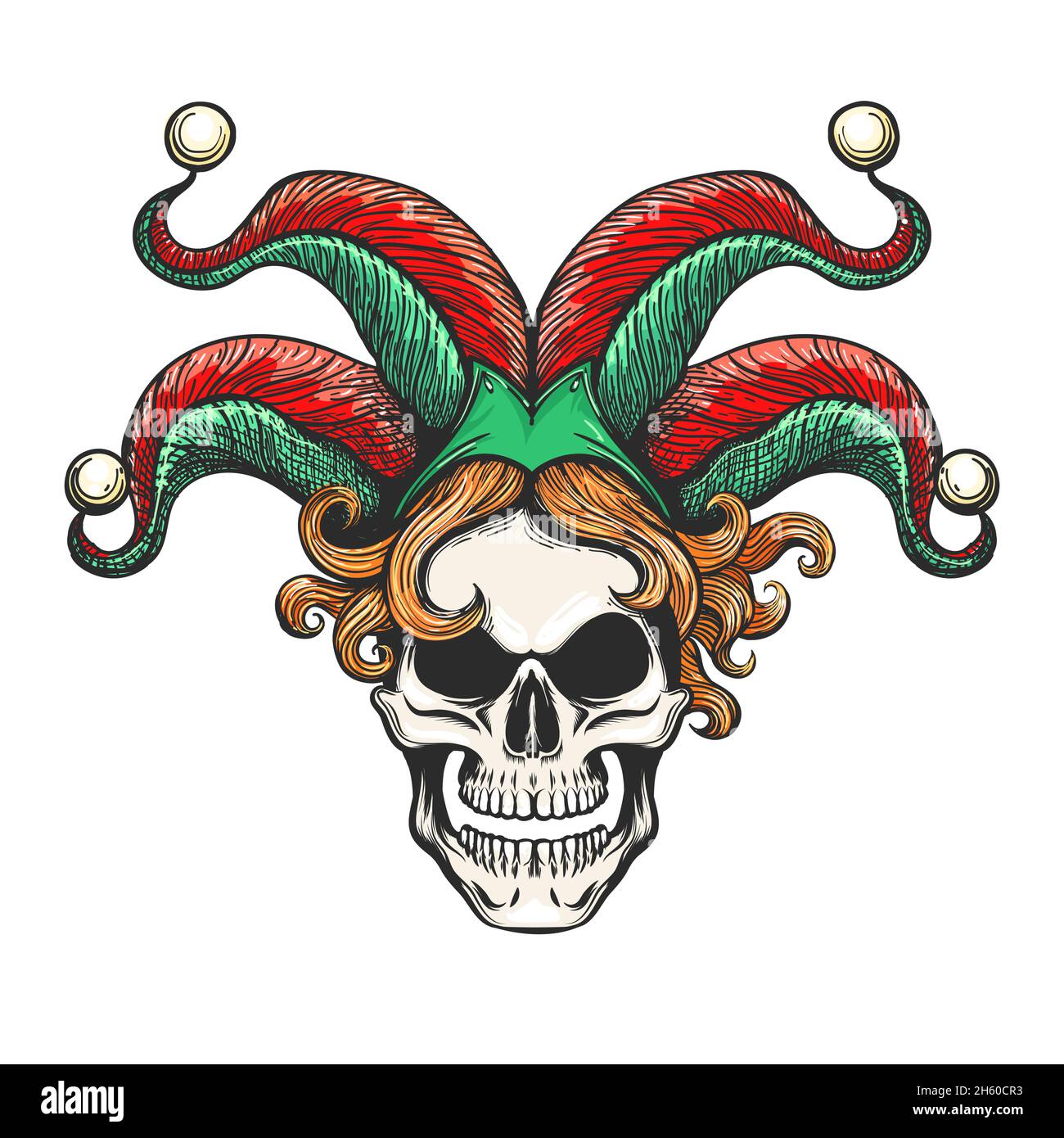 Tattoo of smiling Joker skull in Jester Hat isolated on white. Vector illustration Stock Vector