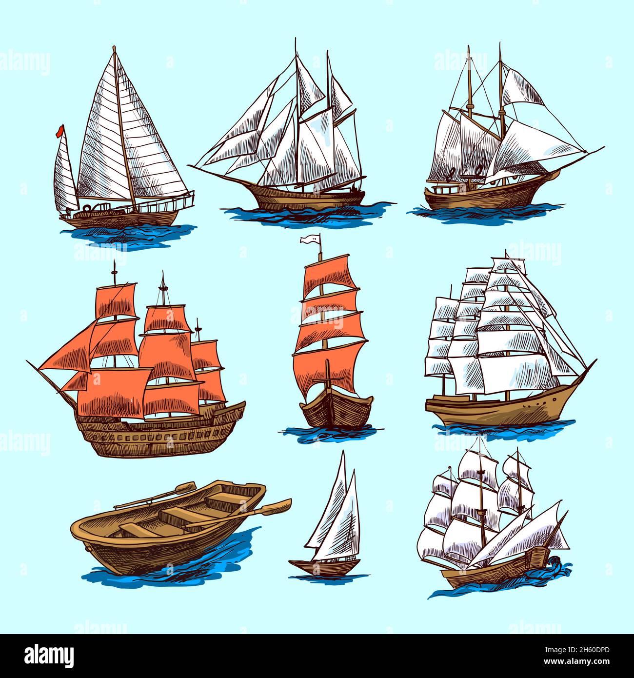 Sailing tall ships yachts and boat colored sketch decorative elements isolated vector