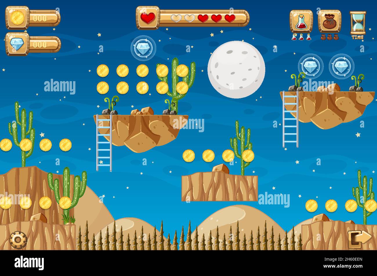 Collecting Coins Platformer Game Template illustration Stock Vector