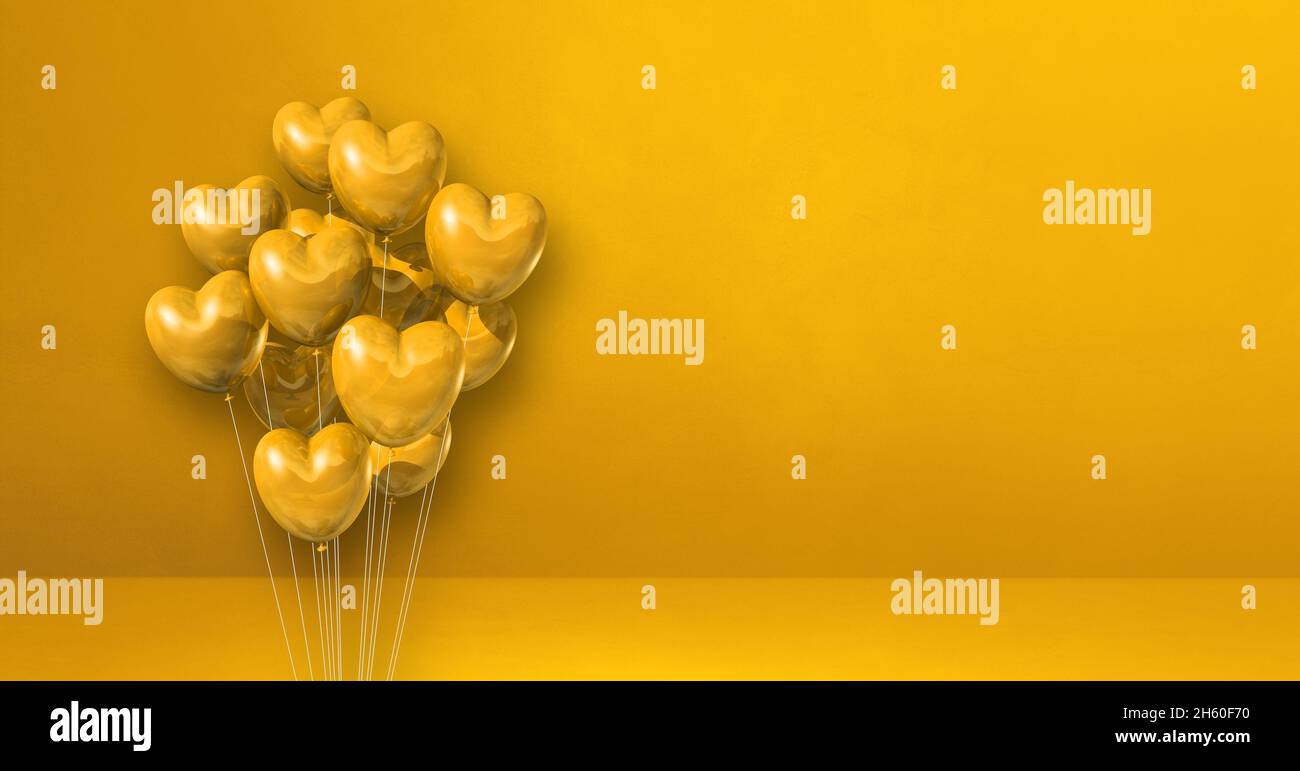Heart shape balloons bunch on a yellow wall background. Horizontal ...