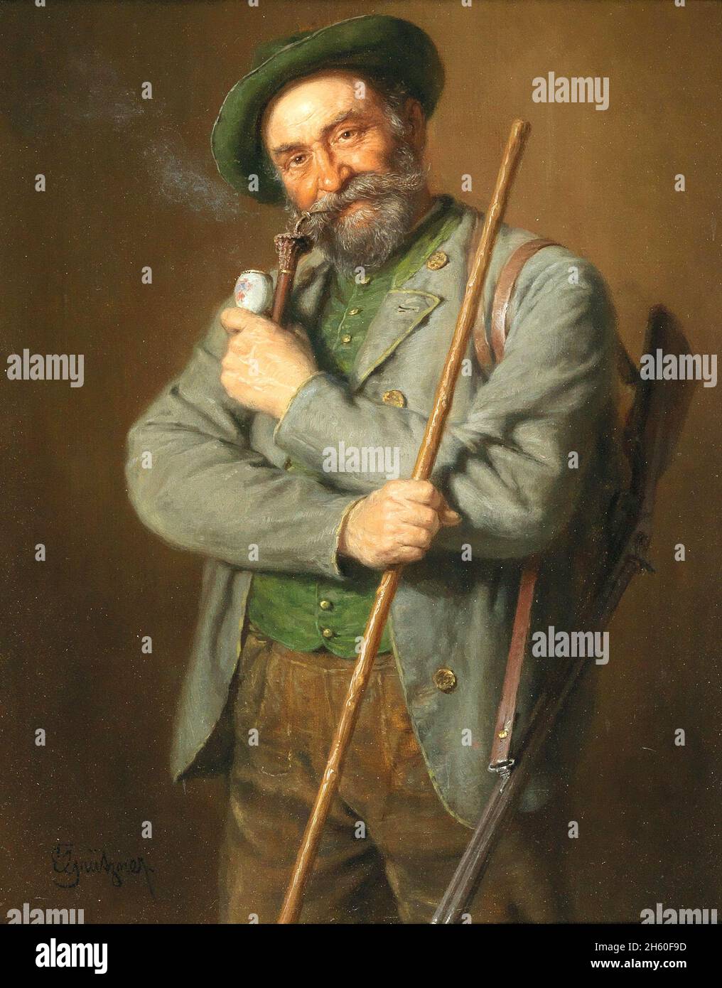 Eduard von Grutzner artwork entitled The Hunter - smoking a pipe and rifle over shoulder. Stock Photo