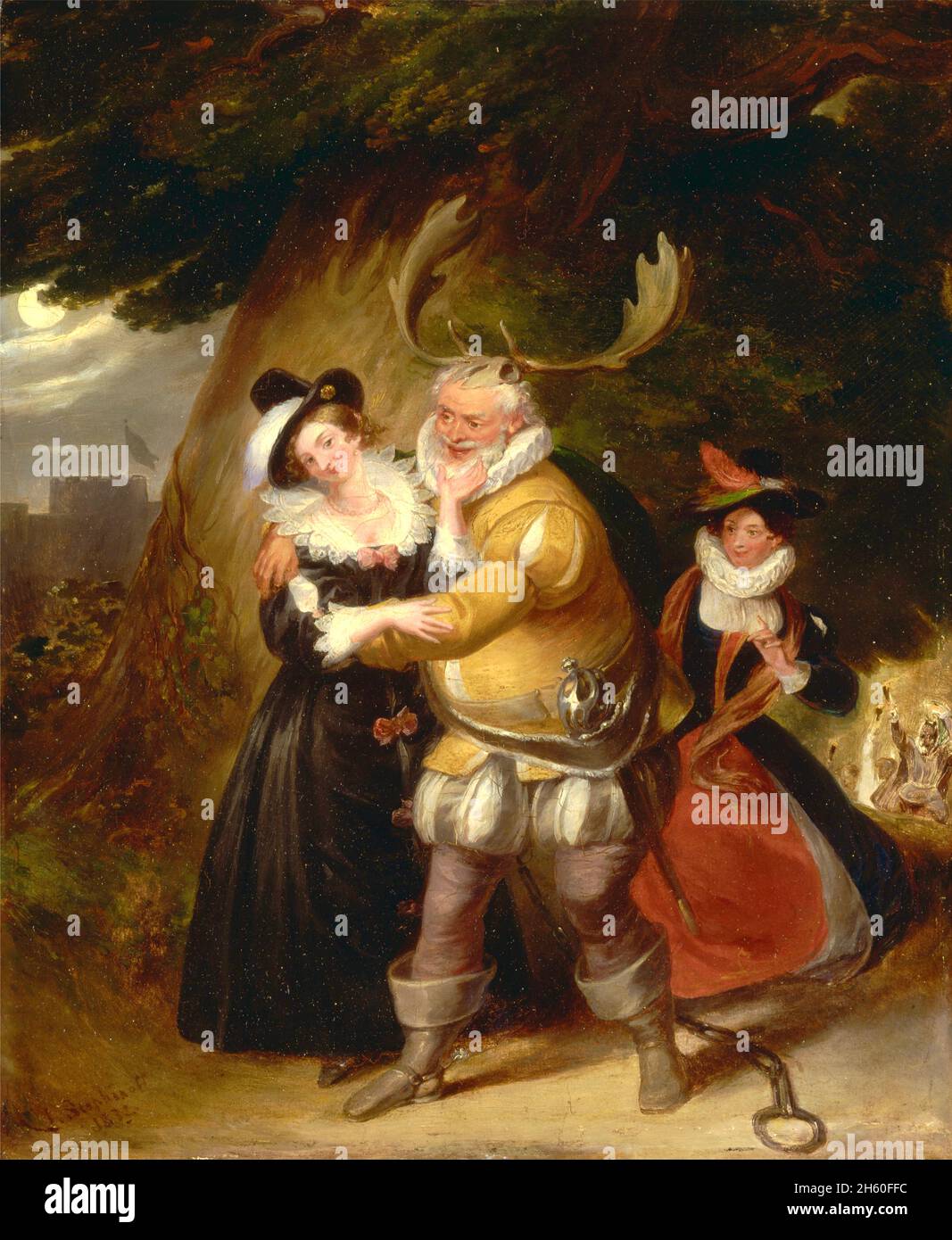 James Stephanoff - Falstaff at Herne's Oak, from 'The Merry Wives of Windsor,' Act V, Scene v 1832 Stock Photo