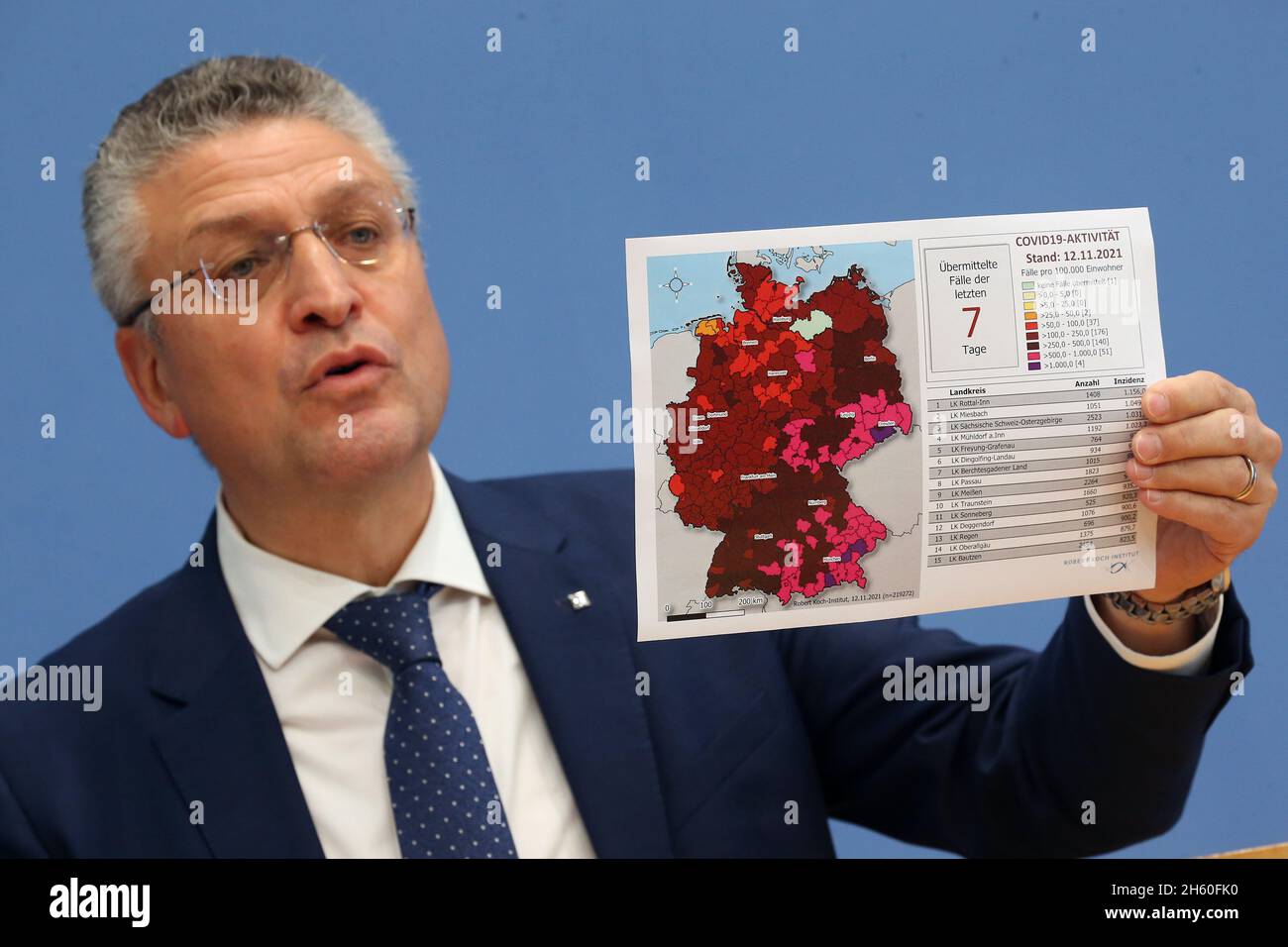 Berlin, Germany. 12th Nov, 2021. Lothar Wieler, RKI President, displays