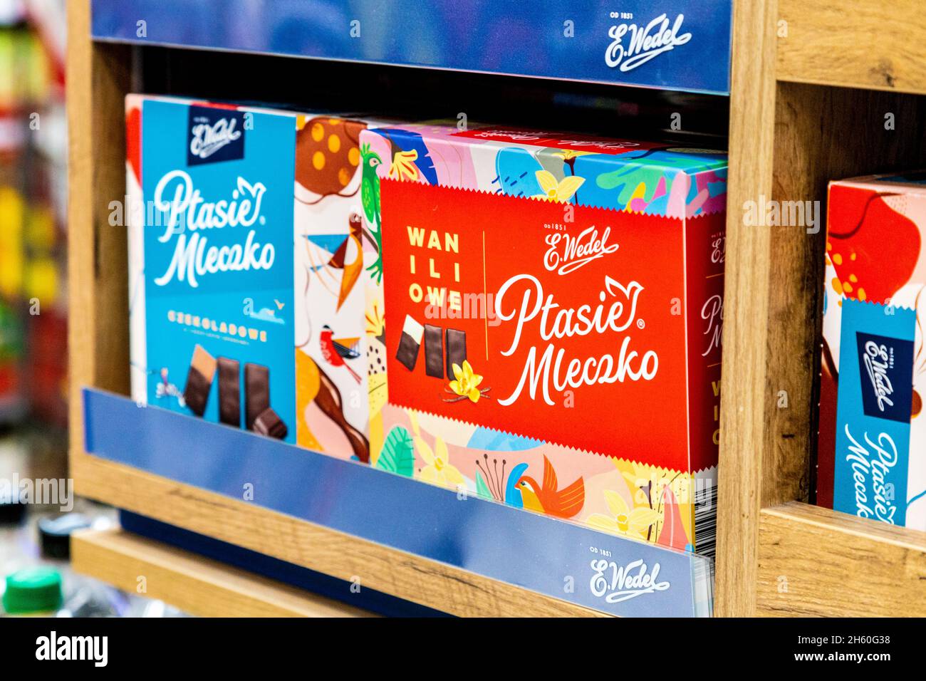 Traditional polish chocolates Ptasie Mleczko on a supermarket shelf Stock Photo