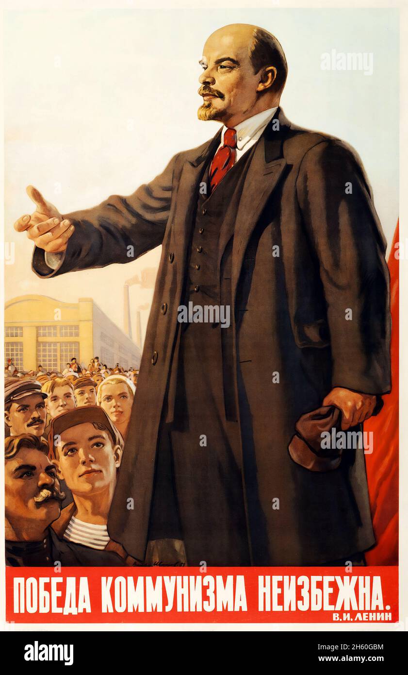 Lenin - The Victory of Communism is Inevitable (Moscow, 1955). Russian Propaganda Poster. Stock Photo