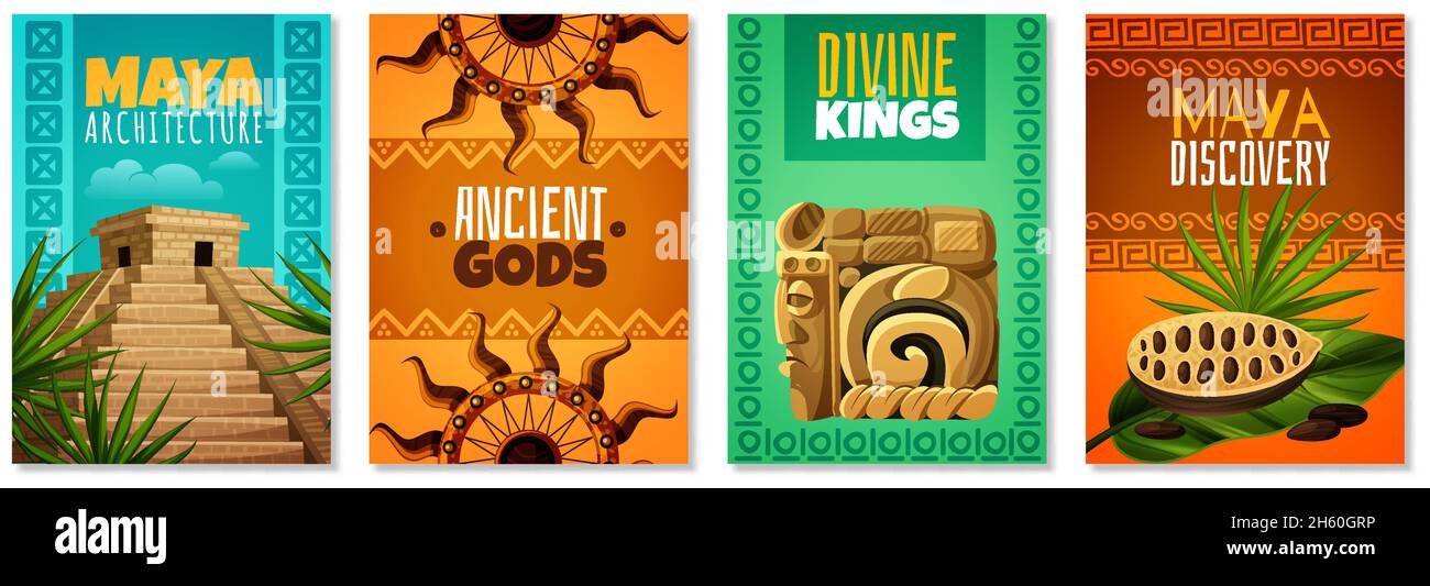 Maya civilization cartoon posters with divine kings ancient gods architecture landmark decorative symbols isolated vector illustration Stock Vector