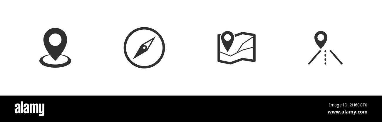Navigation vector gps symbol icon set, navigator sign location pointer icons flat black collection. Stock Vector