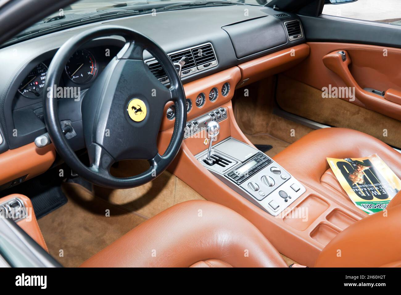 Interior view of a Green, 1995, Ferrari 456 GT,  on display at the 2021 Regents Street Motor Show Stock Photo