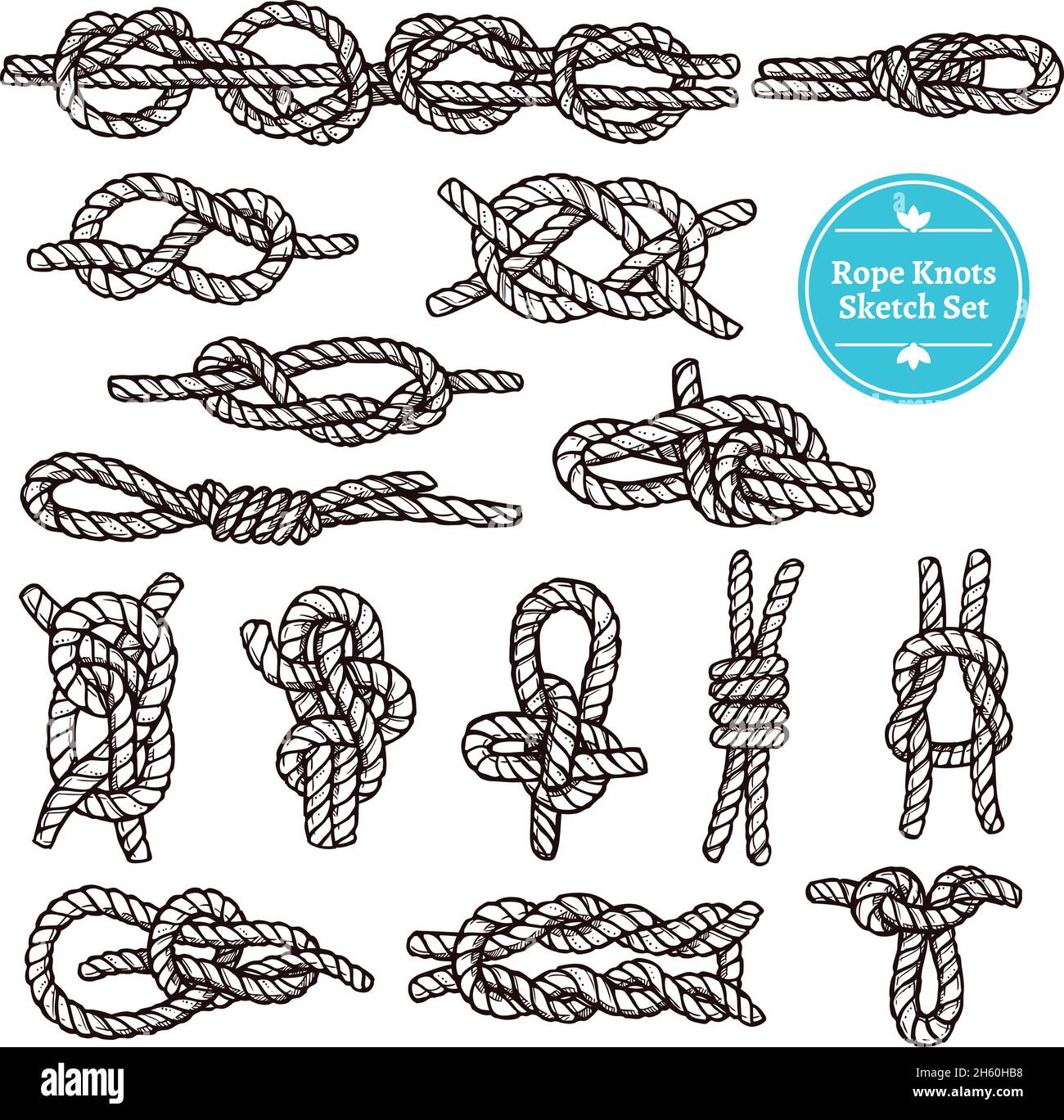Rope knots sketch set with different hitches and bends on white background isolated vector illustration Stock Vector