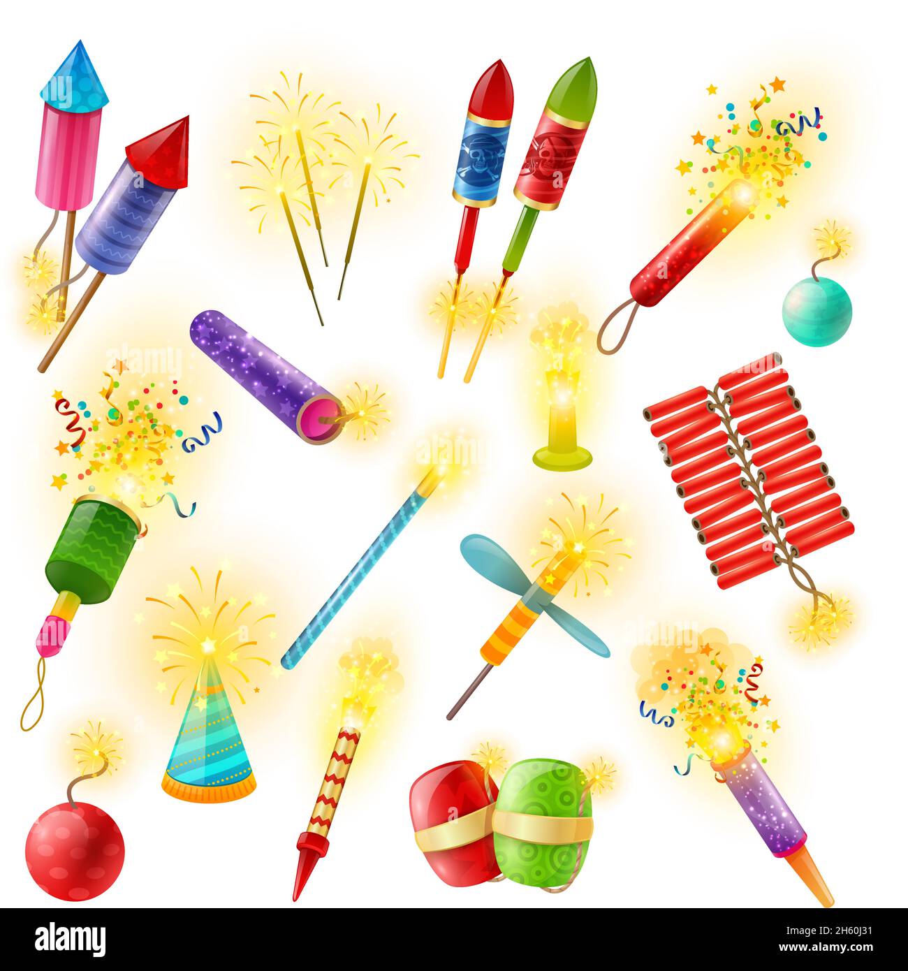 Pyrotechnics commercial firework crackers firecrackers indian bengal lights and sparklers for special events colorful collection vector illustration Stock Vector