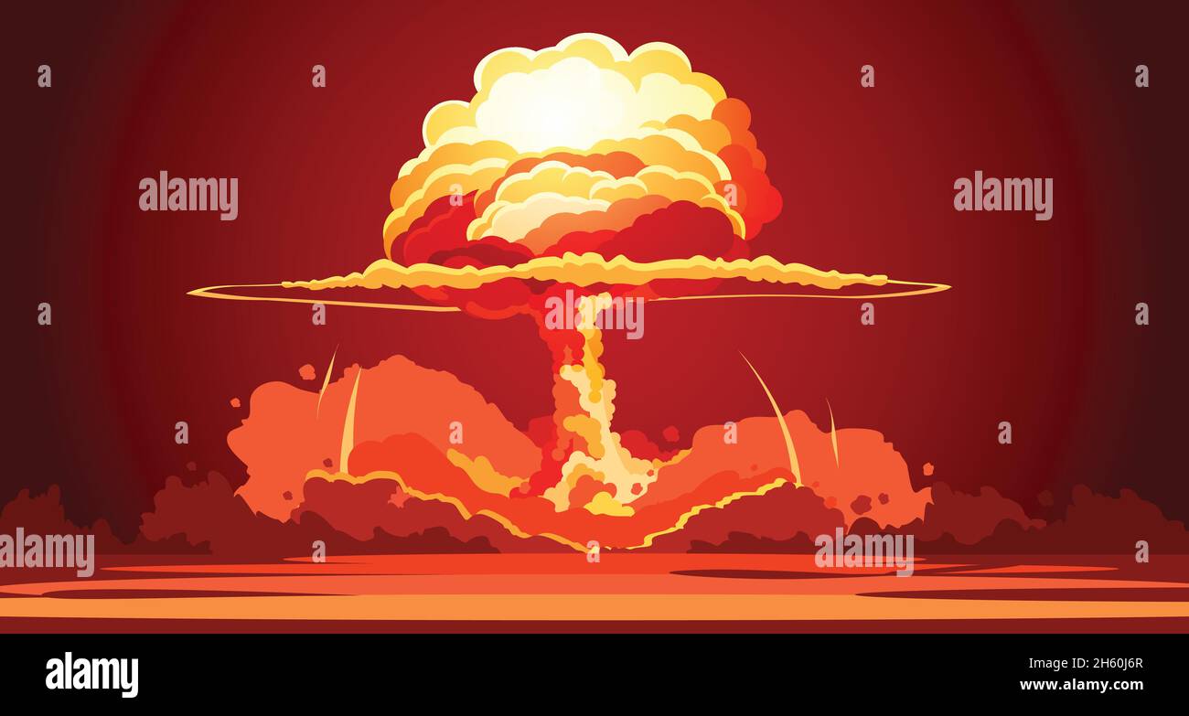 Nuclear explosion rising orange fireball of atomic mushroom cloud in desert weapon test retro cartoon poster vector illustration Stock Vector