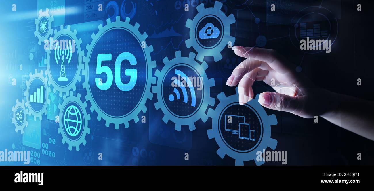 5G Fifth generation of mobile internet. Fast connection. Telecommunication concept on virtual screen. Stock Photo