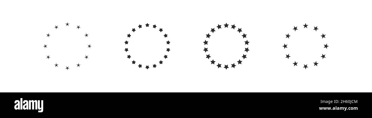 Stars circle euro symbol set, star circles flag round decoration flat black and white vector frame illustration. Stock Vector