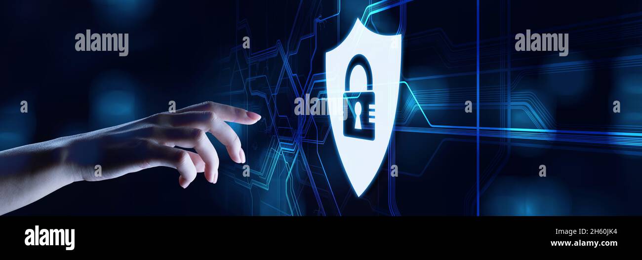 Cyber security shield padlock icons data protection information privacy concept on screen. Stock Photo