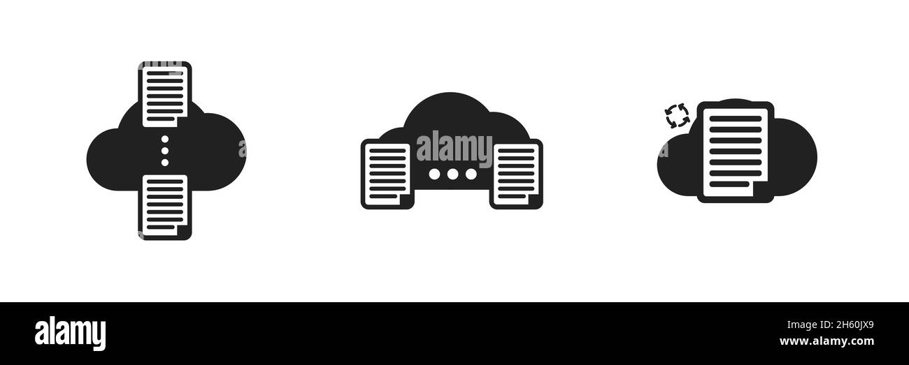 Cloud hard drive data, with file document in process. Flat clouds collection system server storage icon button. Stock Vector