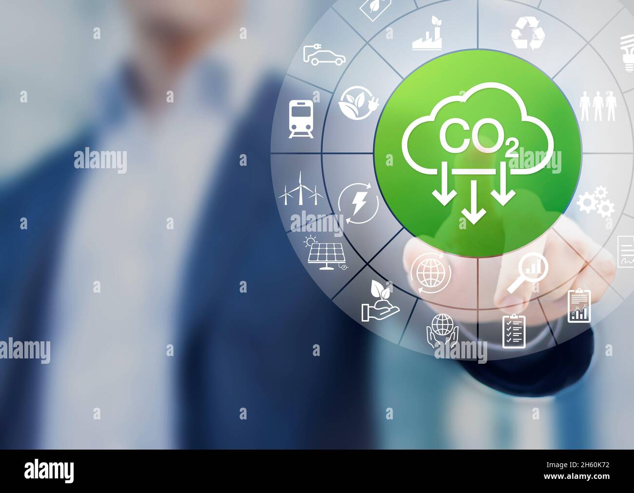 Lower CO2 emissions and reduce carbon footprint to limit global warming and climate change. Sustainable development and green business based on renewa Stock Photo