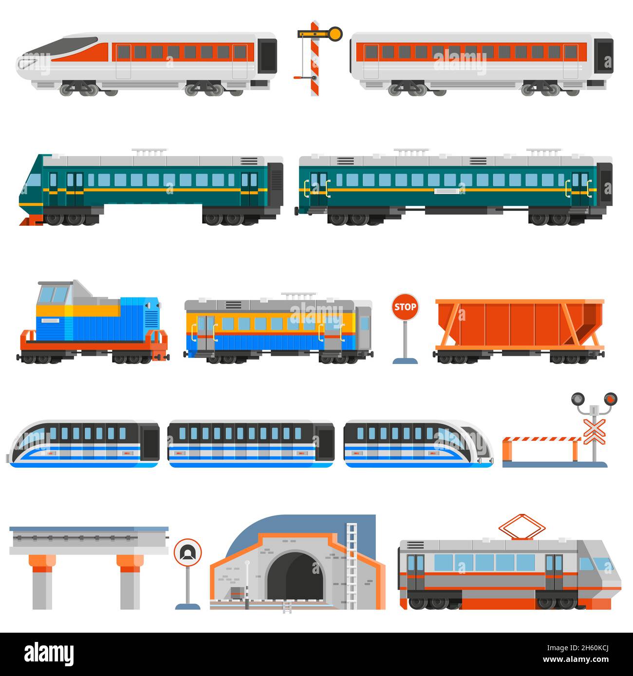 Rail transport flat colorful icons set of passenger and cargo wagons locomotives tram tunnel monorail isolated vector illustration Stock Vector