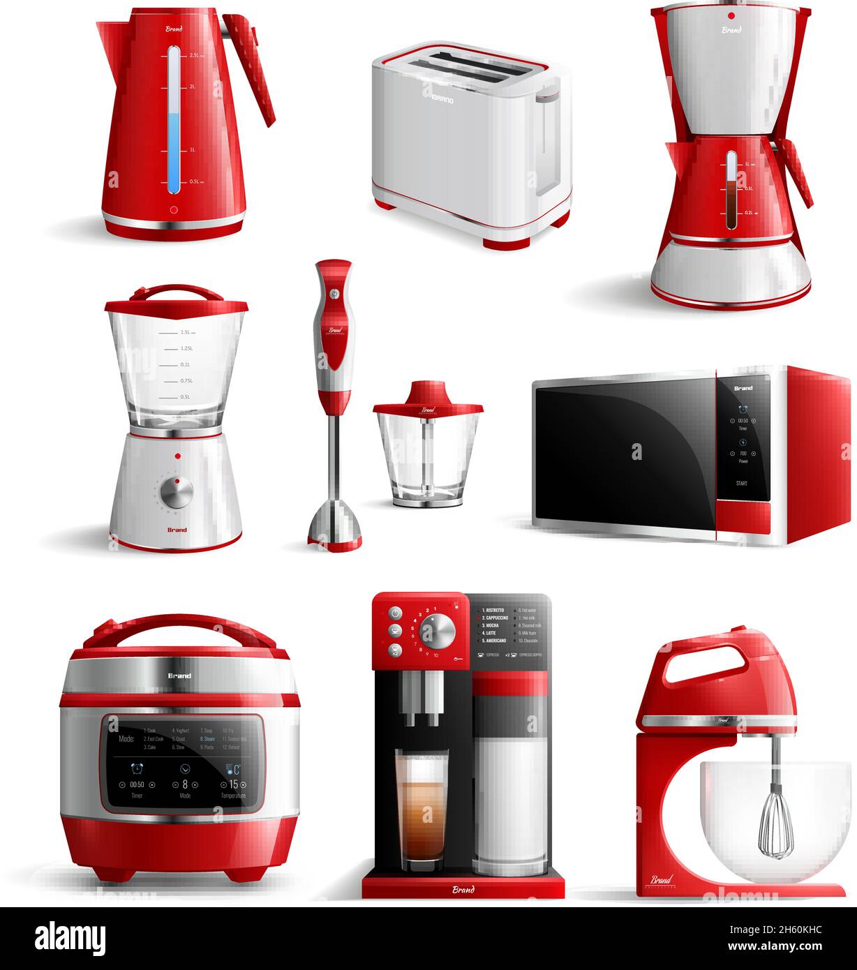 Colored realistic household kitchen appliances icon set with red