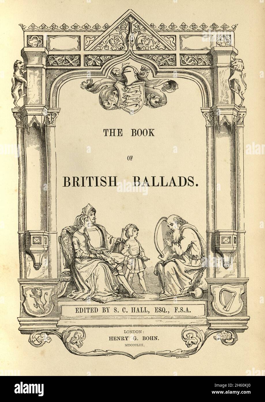 Tile page for the Book of British Balards, Minstral playing harp to a noble family Stock Photo