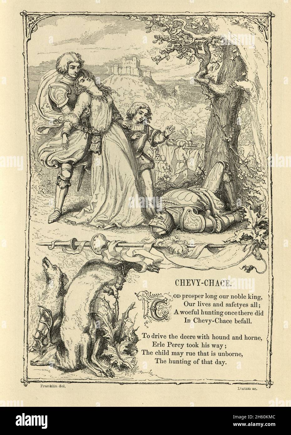 Scene from The Ballad of Chevy Chase, the ballads tell the story of a large hunting party upon a parcel of hunting land (or chase) in the Cheviot Hill Stock Photo