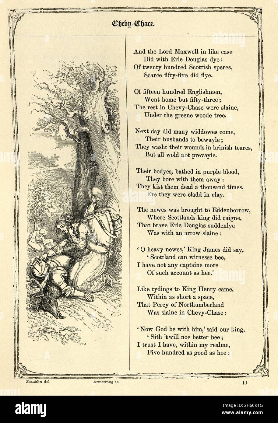 Scene from The Ballad of Chevy Chase, the ballads tell the story of a large hunting party upon a parcel of hunting land (or chase) in the Cheviot Hill Stock Photo