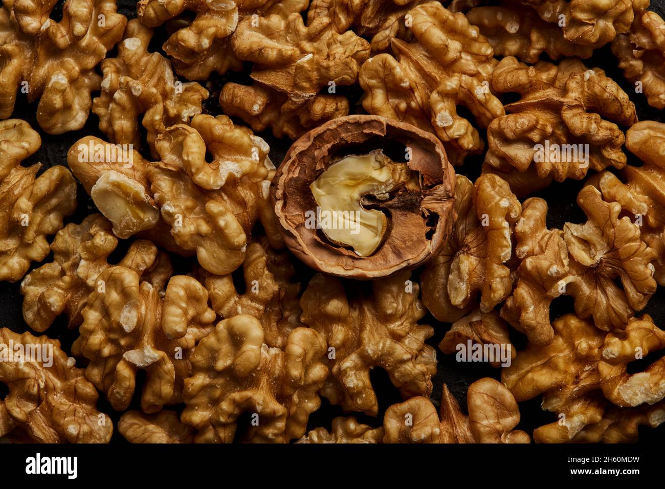 Peeled walnuts viewed from the top. Stock Photo