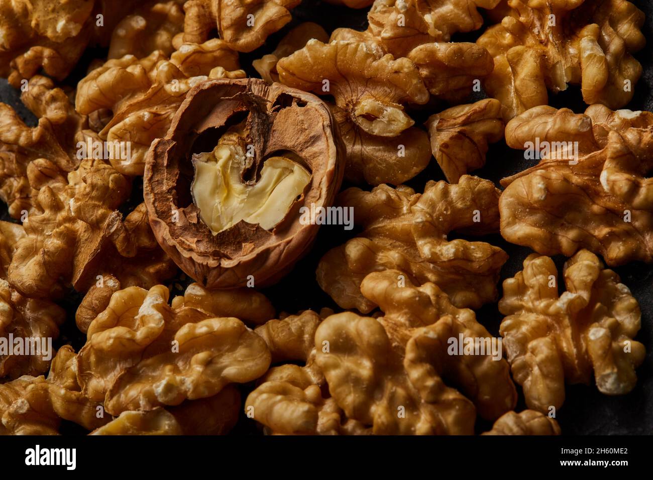 Peeled walnuts viewed from the top. Stock Photo