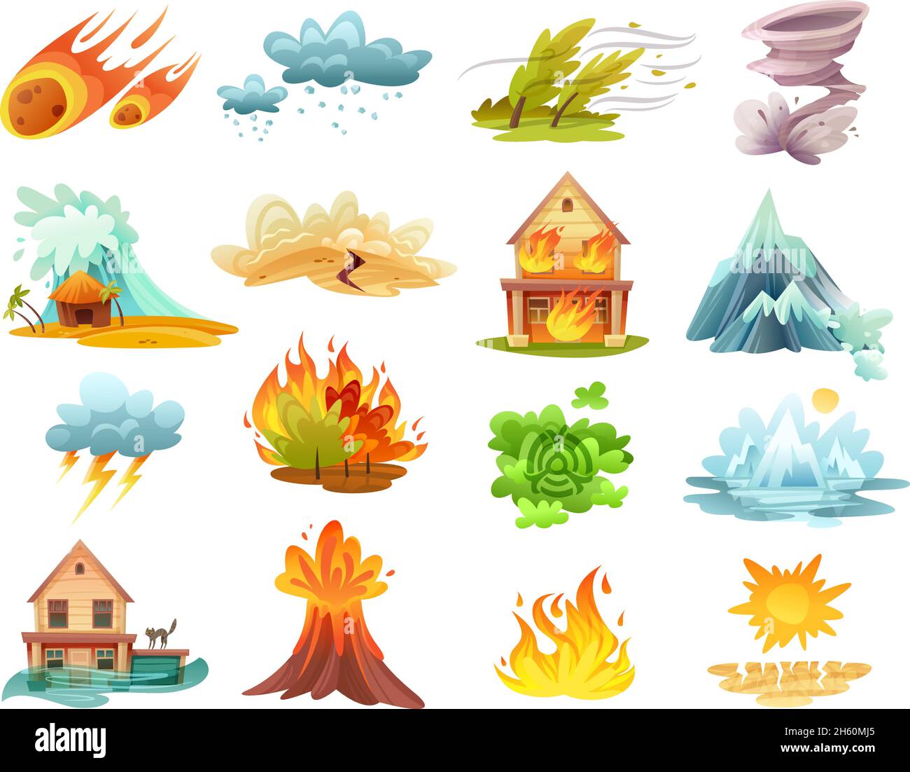 Natural disasters cartoon set of  icons with fires, tsunami, flood, volcano eruption, ice melting isolated vector illustration Stock Vector