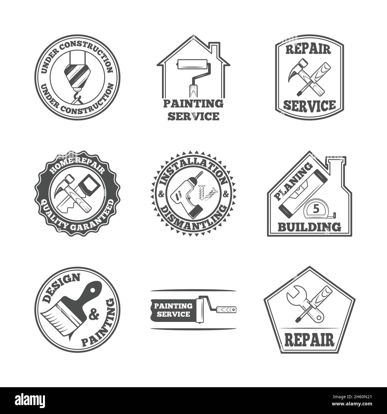 Home repair panting service quality building installation design labels set with black tools icons isolated  vector illustration Stock Vector