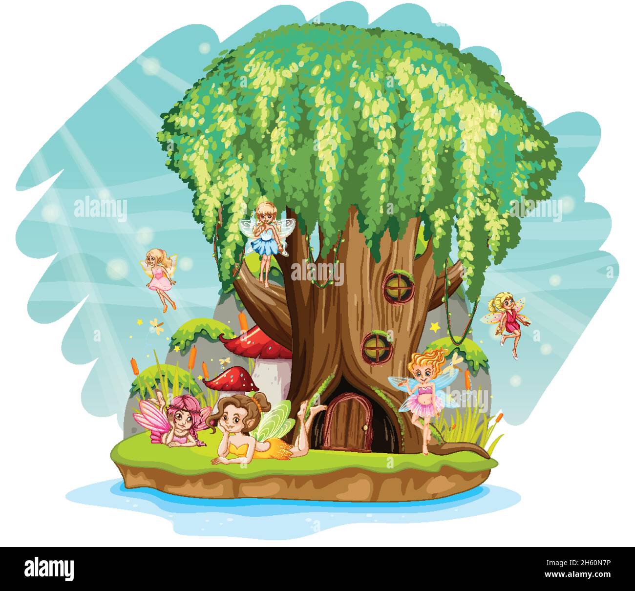 Fantasy tree house inside tree trunk with fairies illustration Stock