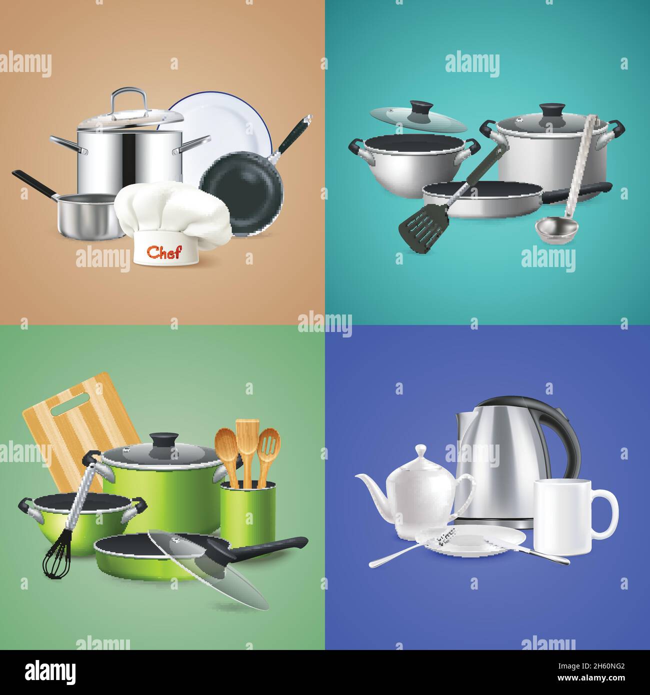 Realistic kitchen tools design concept cookware of chef green culinary