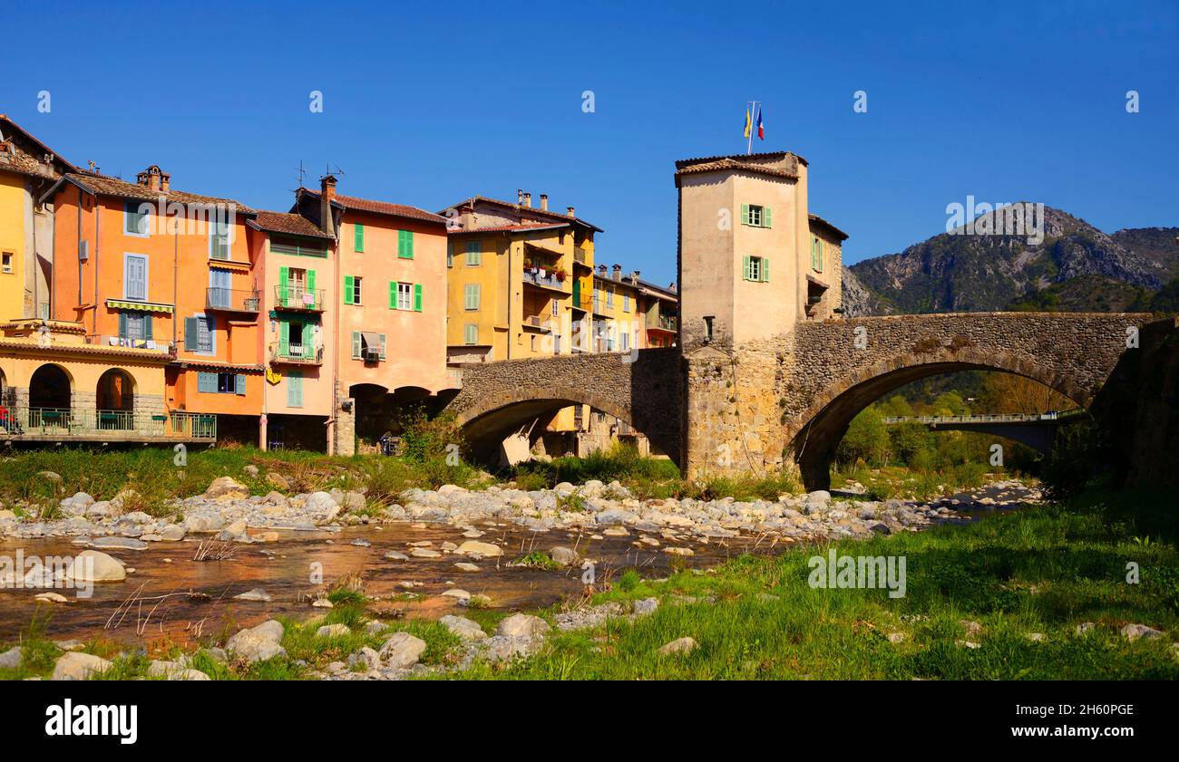 FRANCE, ALPES MARITIMES ( 06 ), SOSPEL, THE OLD BRIDGE AND THE RIVER CALLED BEVERA Stock Photo