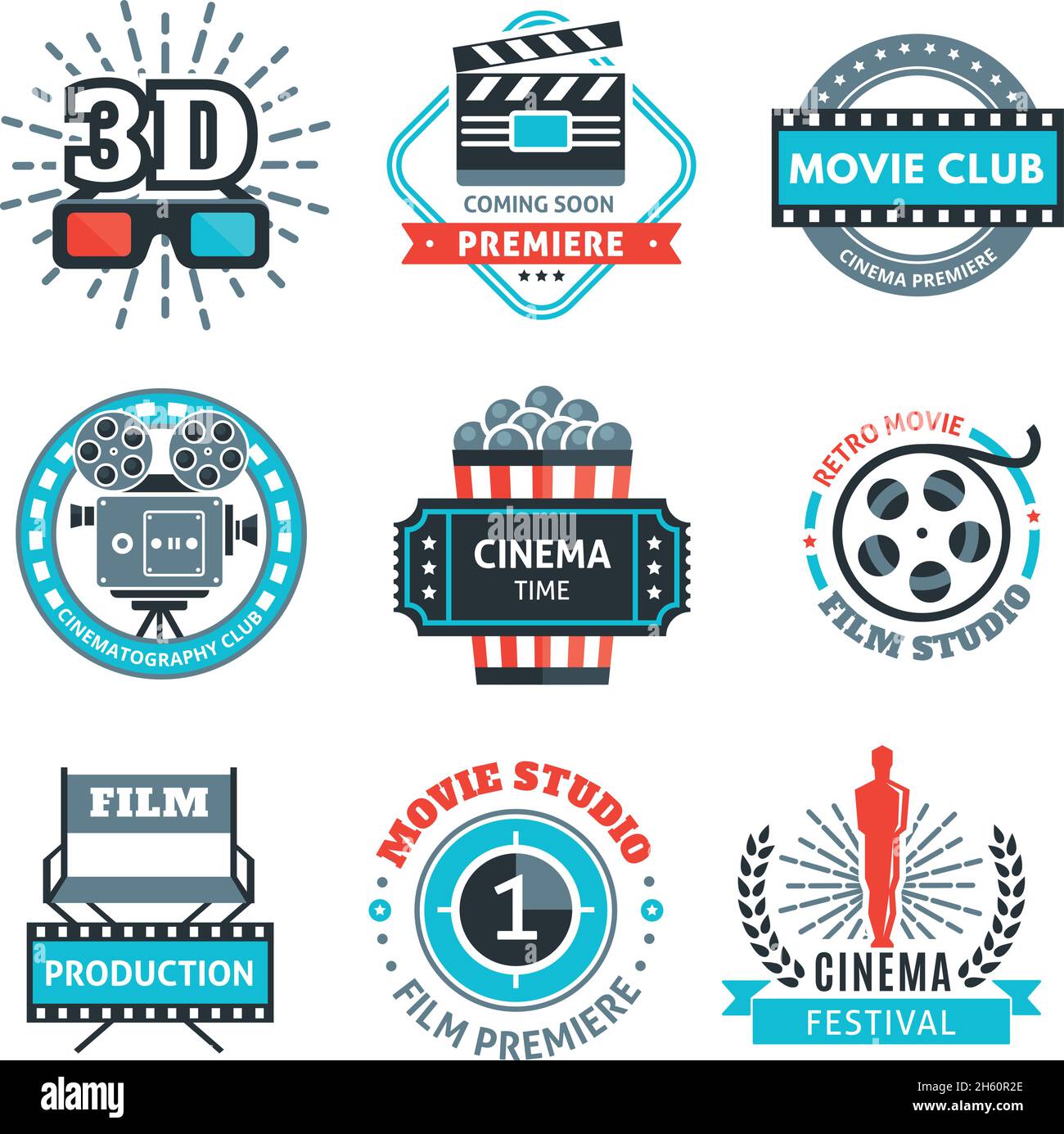 Cinema colorful emblems with projector reel clapper 3d-glasses award ticket popcorn rays chair isolated vector illustration Stock Vector