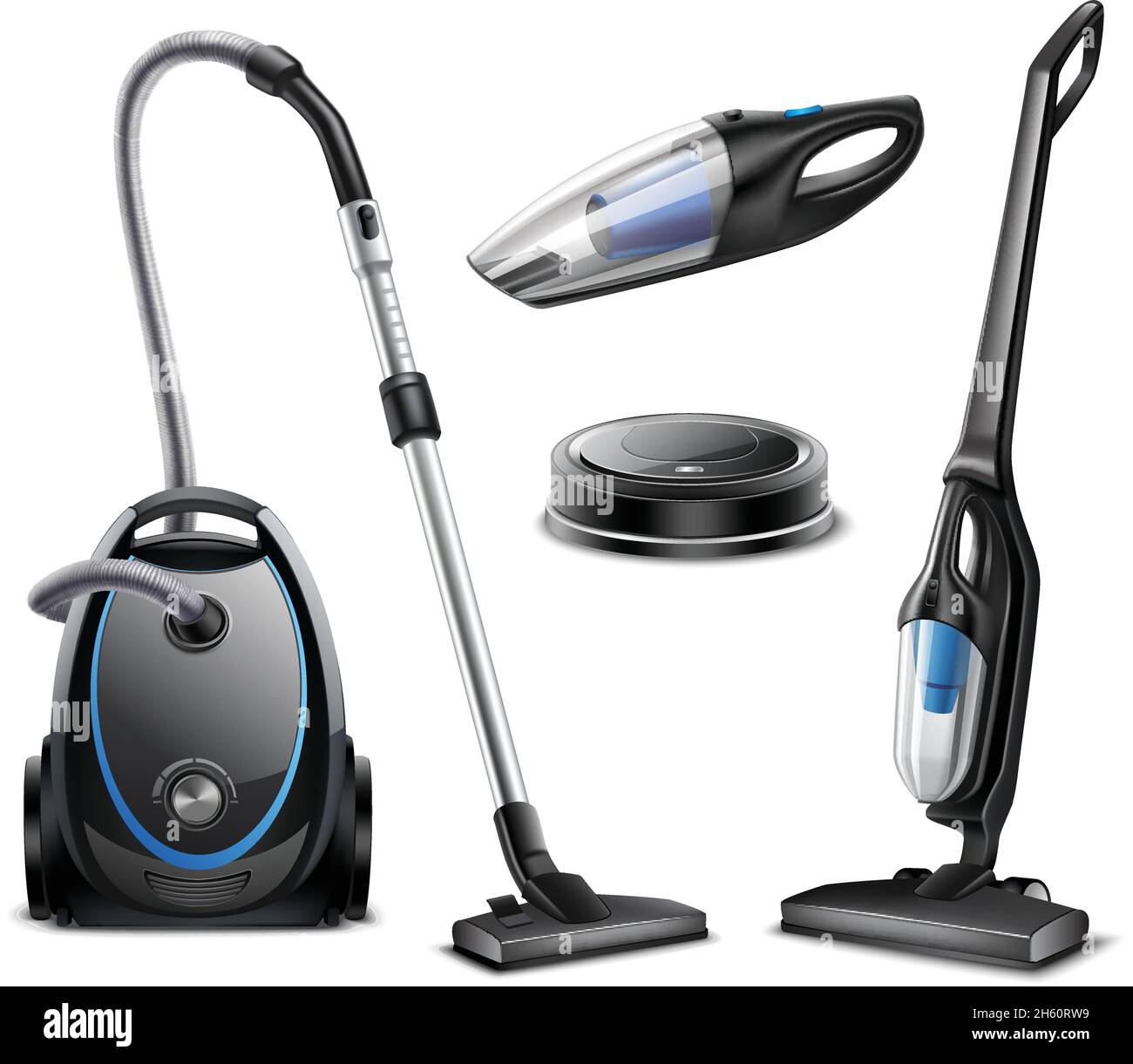 Set of realistic vacuum cleaners of various types isolated on white background vector illustration Stock Vector