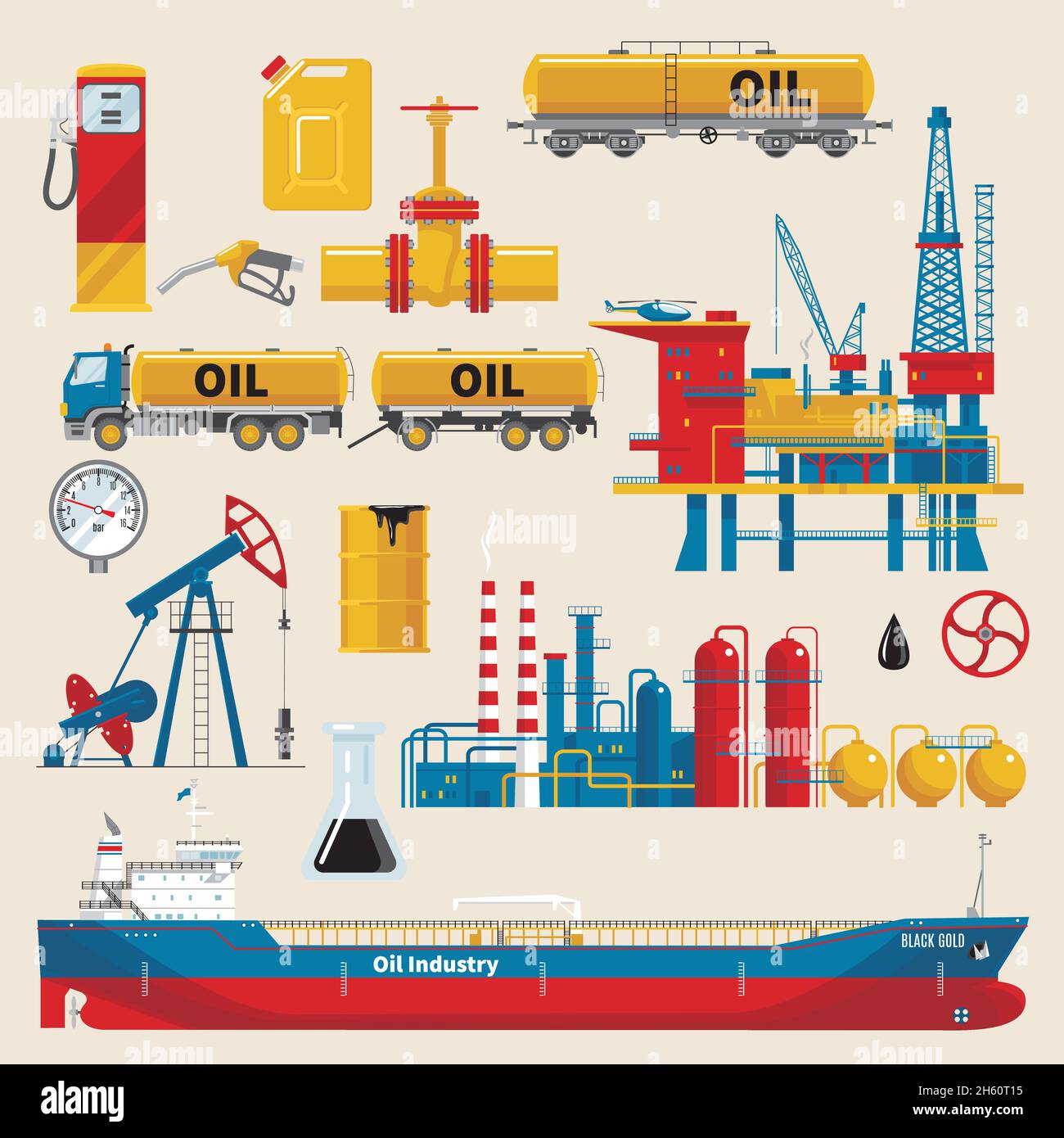 Oil industry decorative icons set with extractive sea platform ship and railway tank pipeline isolated vector illustration Stock Vector