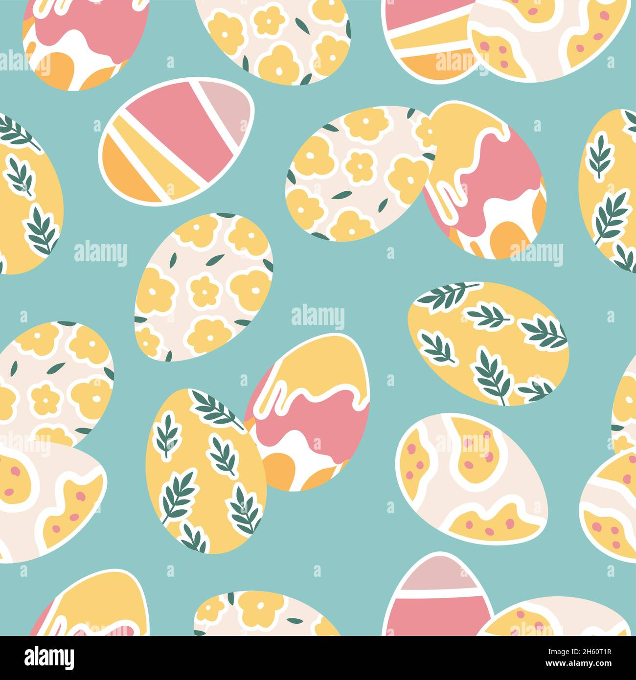 Vector illustration for Easter holiday. Seamless pattern with set of painting eggs. Stock Vector