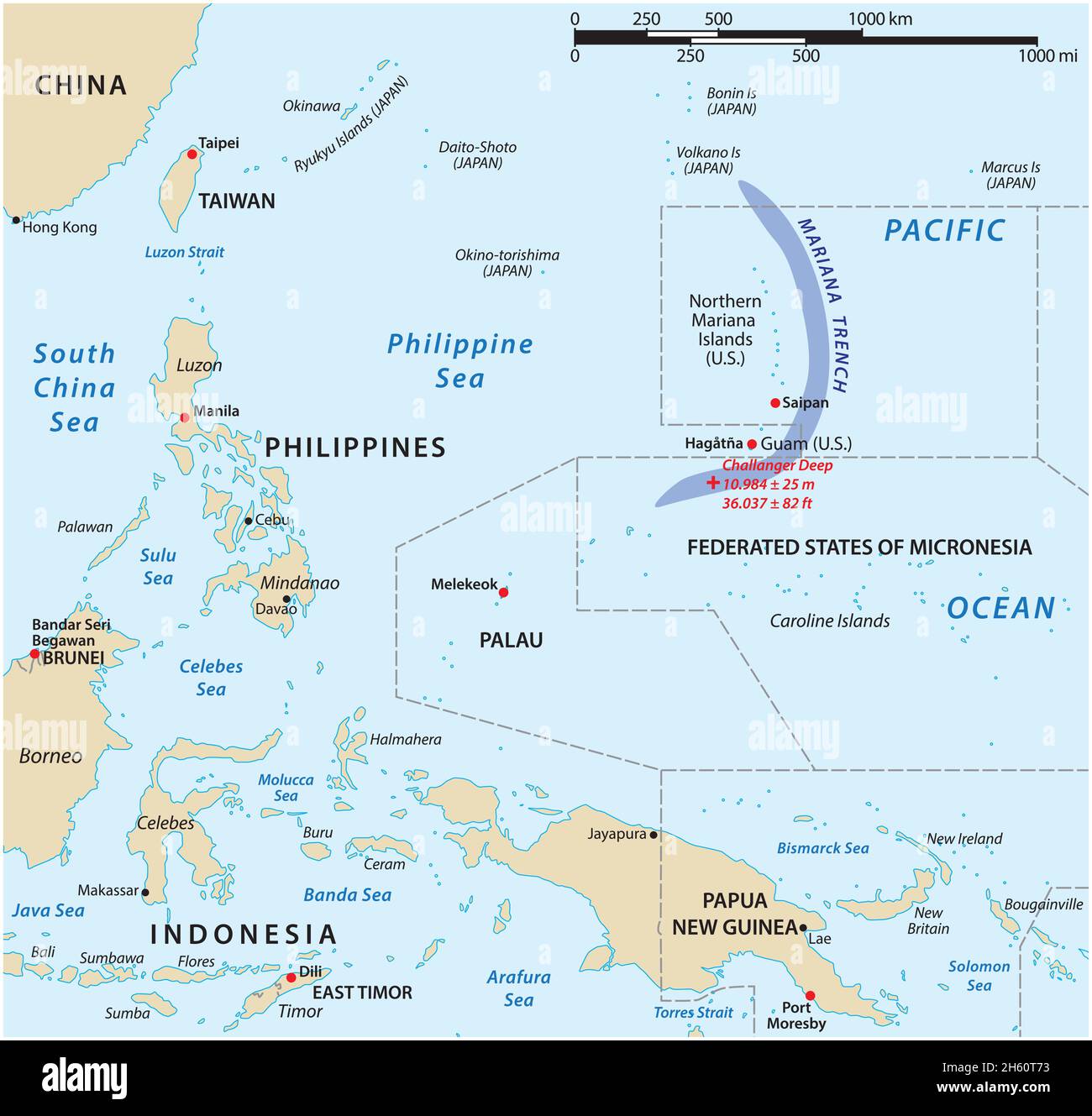 Position map of the Mariana Trench in Oceania Stock Vector