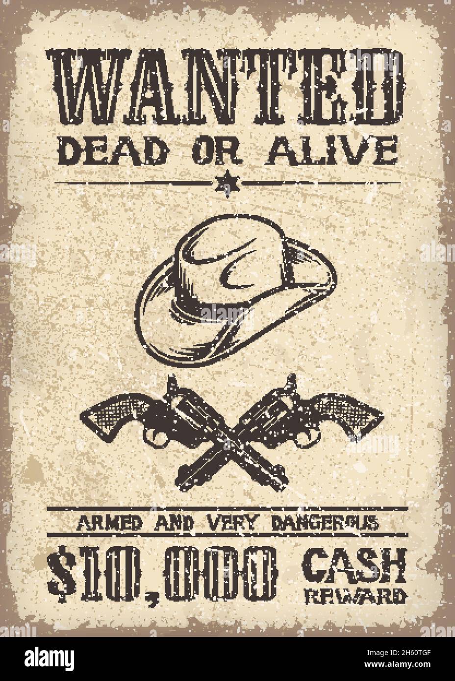 Vitage wild west wanted poster with old paper texture backgroung Stock Vector