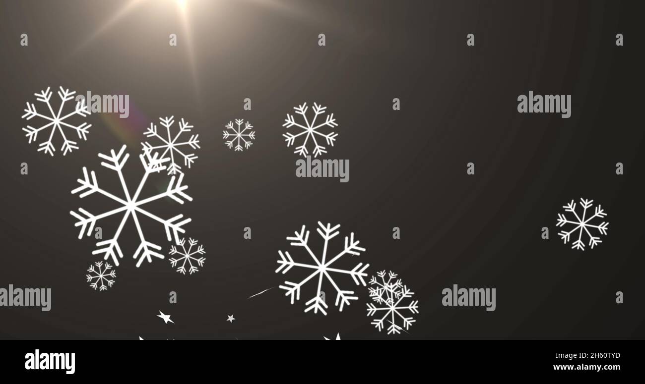 Image of christmas stars and snowflakes falling over black background ...