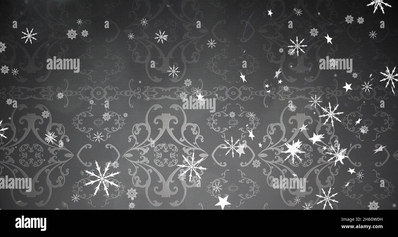 Image of christmas snowflakes and stars falling grey decorative ...