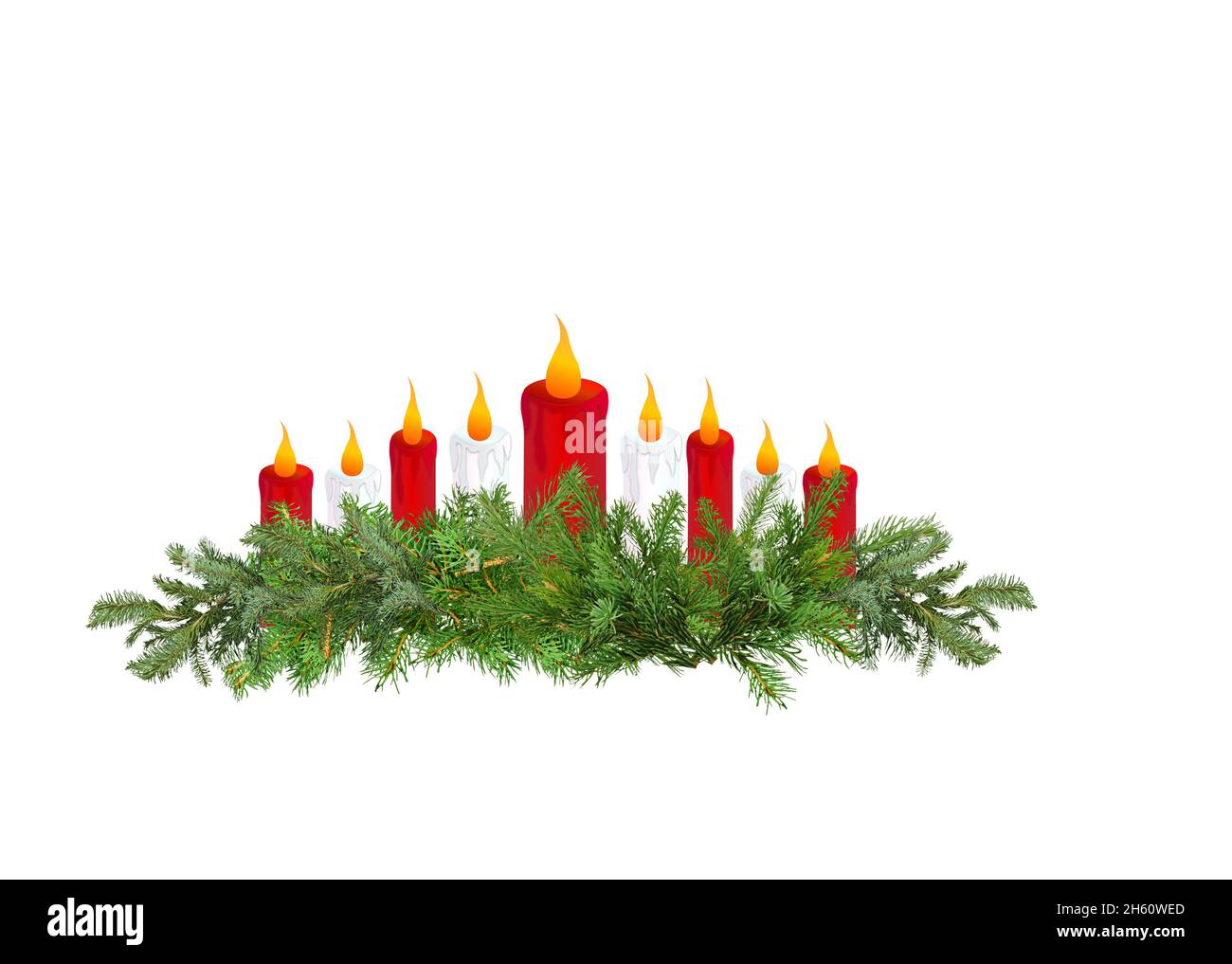Christmas Red and white graphic candles lit and pine branches surrounding them.  Centerpiece Stock Photo