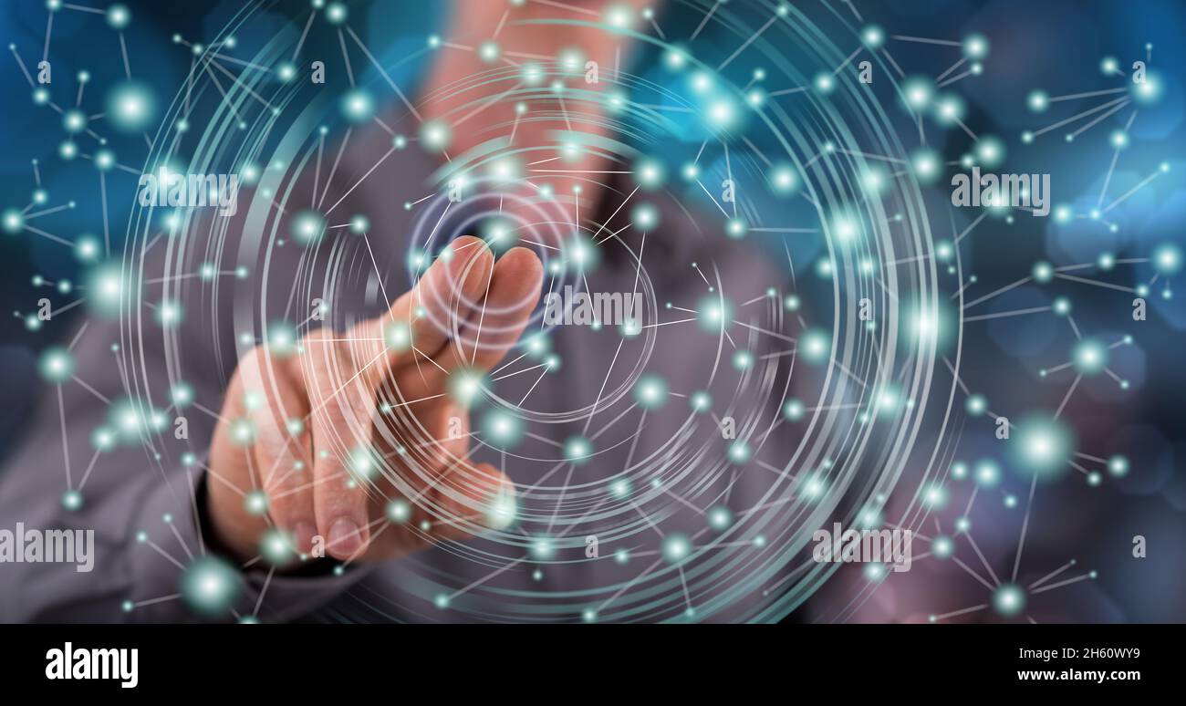 Man touching a virtual network on a touch screen with his finger Stock ...