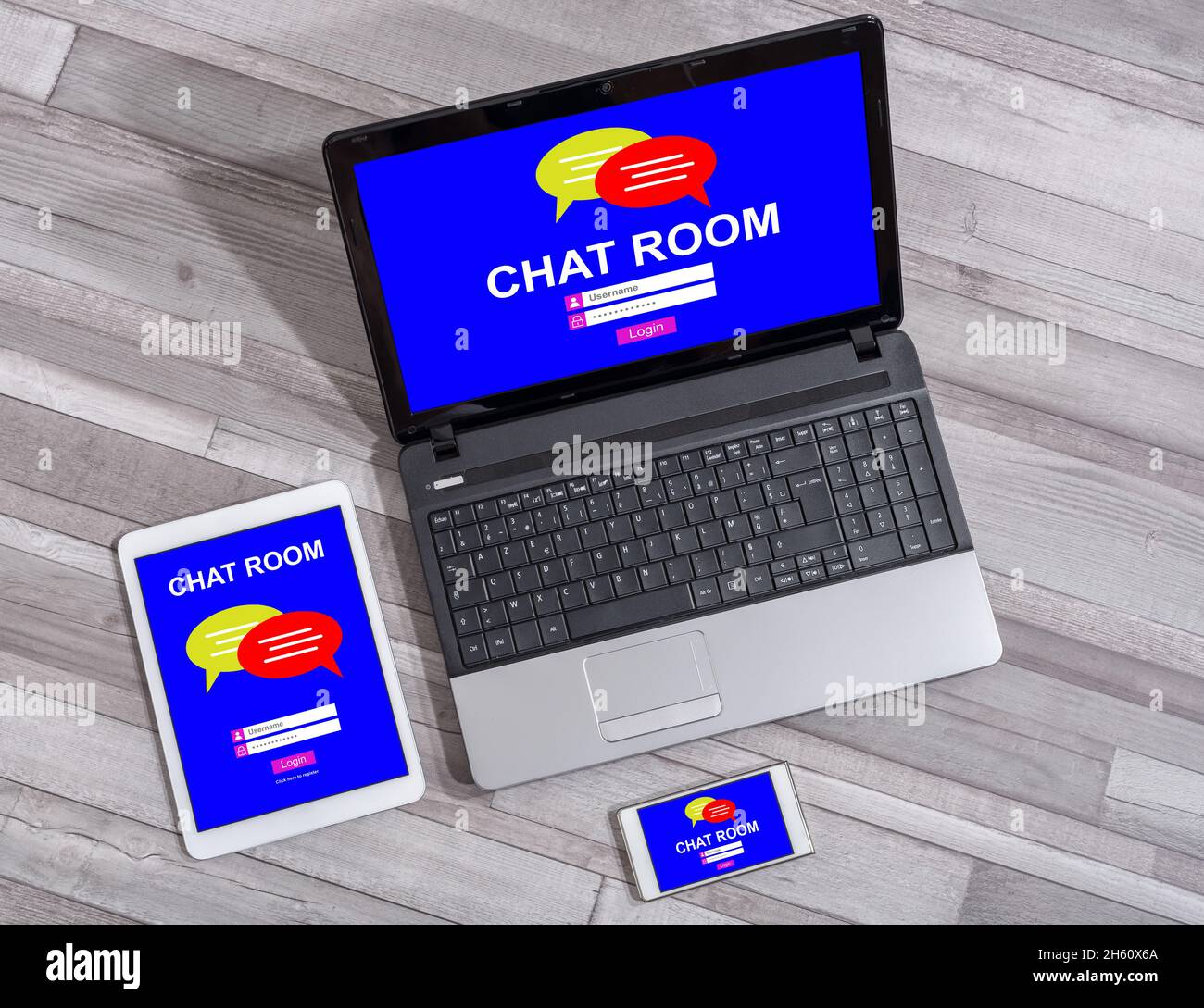 Chat room concept shown on different information technology devices Stock Photo