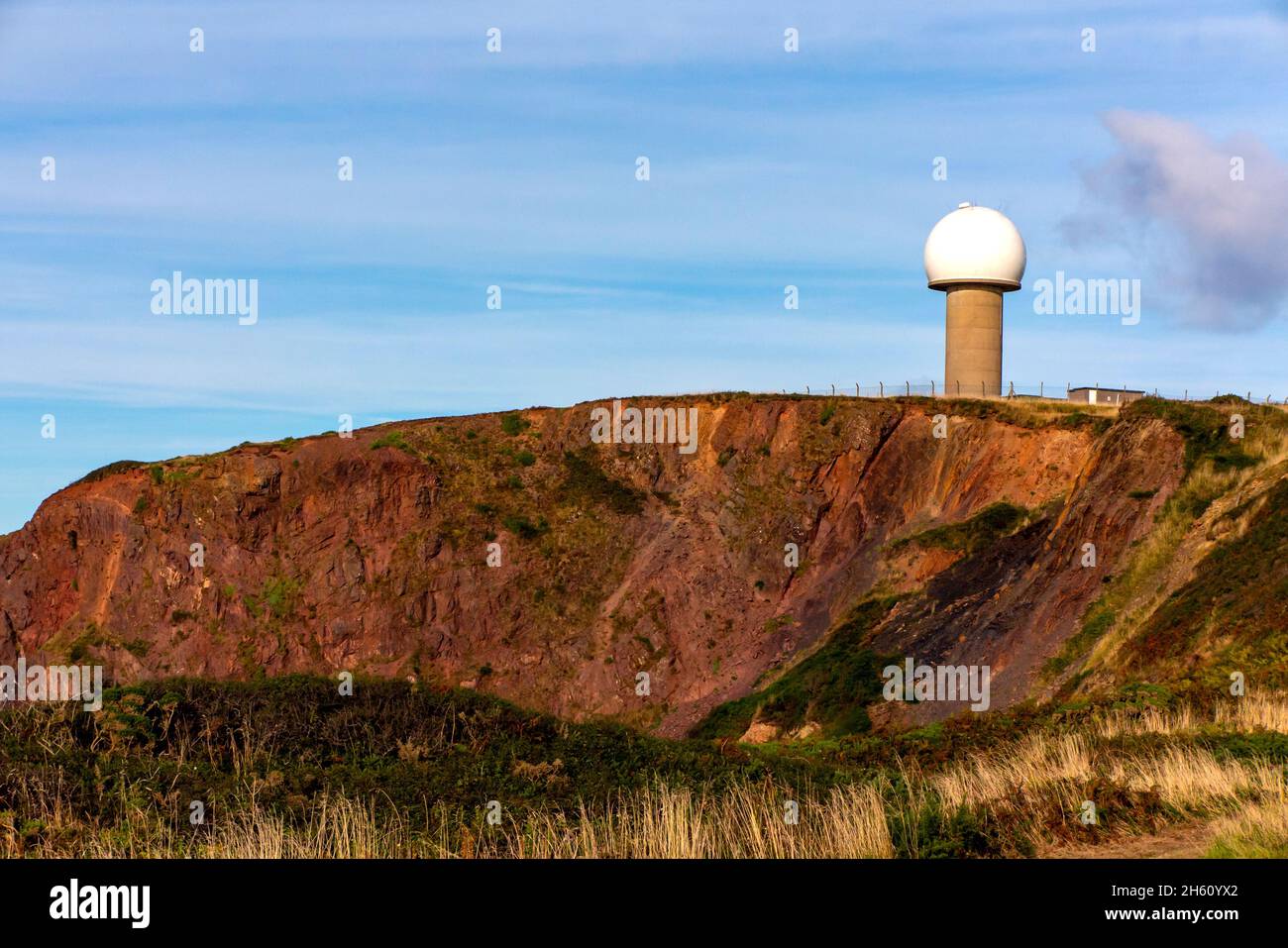 Geodisic air traffic control radome on the clifftop at Hartland Point on the North Devon coast south west England UK. Stock Photo