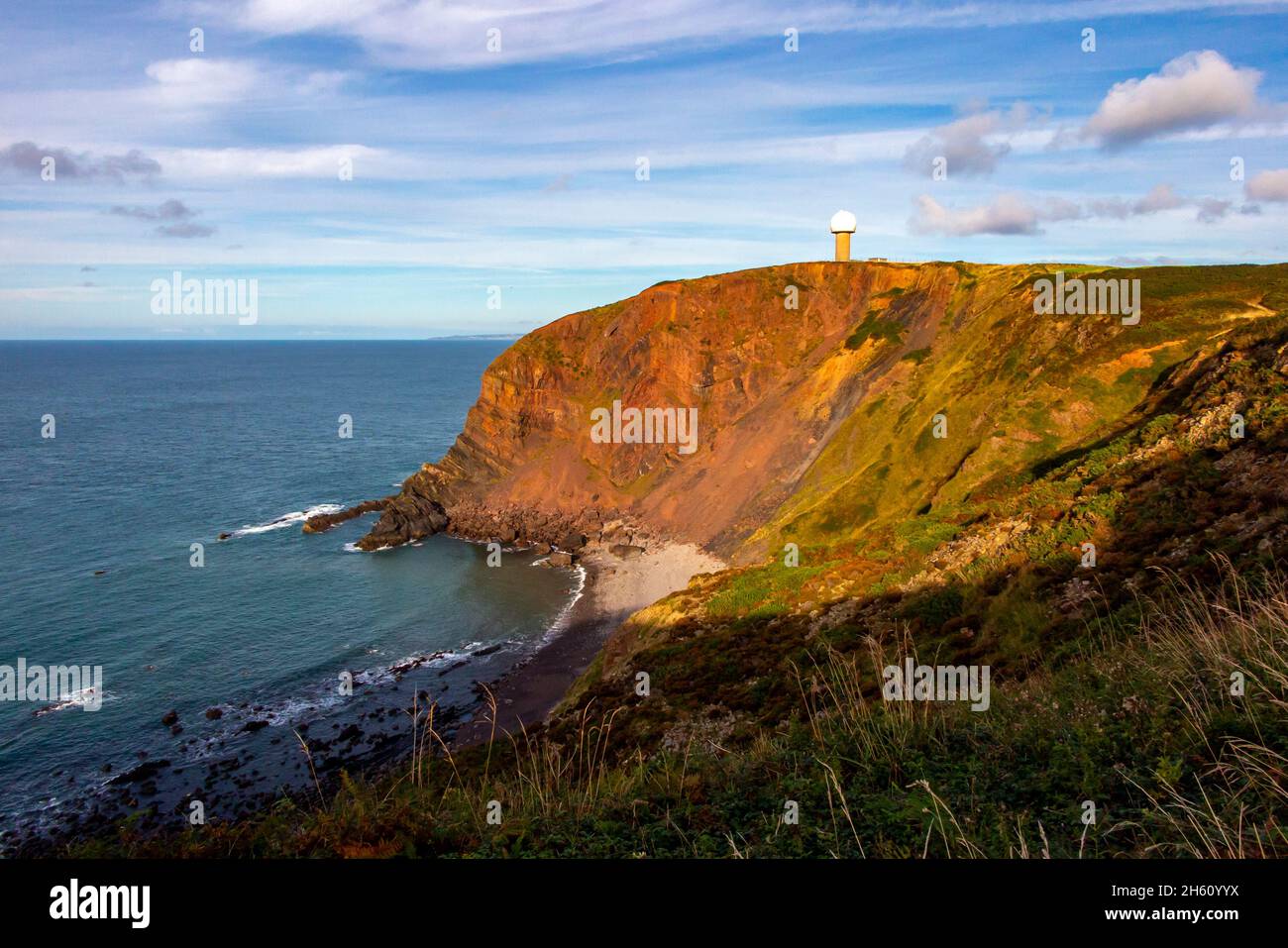 Geodisic air traffic control radome on the clifftop at Hartland Point on the North Devon coast south west England UK. Stock Photo