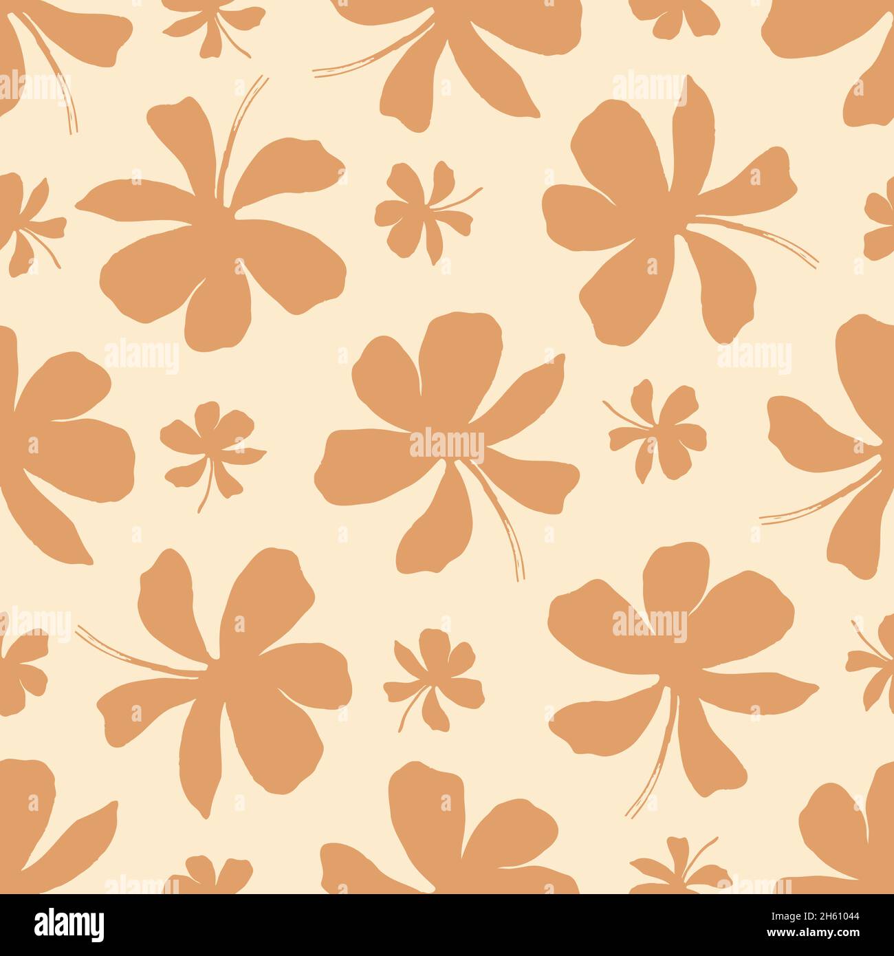 Abstract jasmine floral vector seamless pattern background. Silhouettes of flower heads, blossom, petals. Monochrome orange backdrop. Botanical repeat Stock Vector